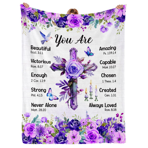 Purdicra Christian blanket in purple floral design for cozy evenings and faith moments