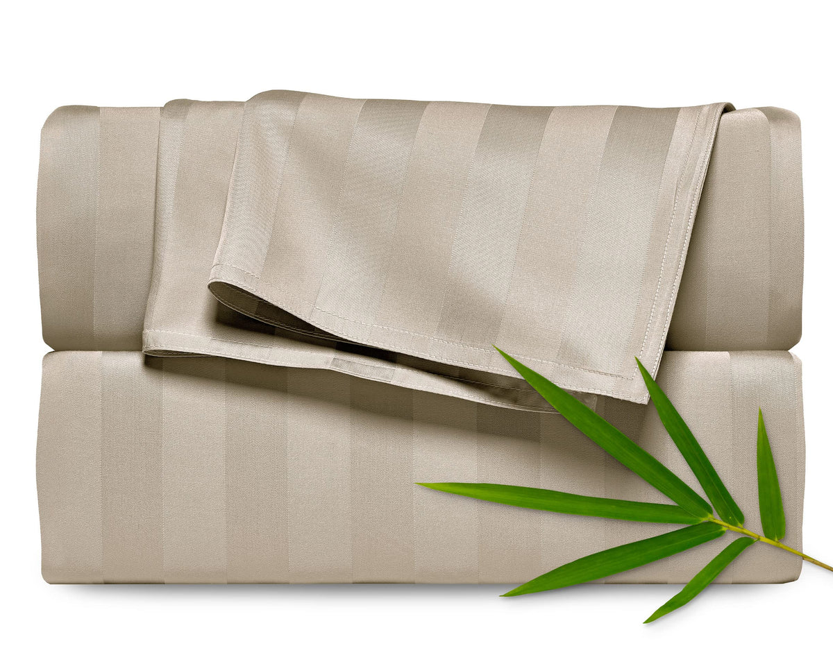 Pure Bamboo California King sheets in jacquard sand offer cooling, silky softness for hot sleepers.