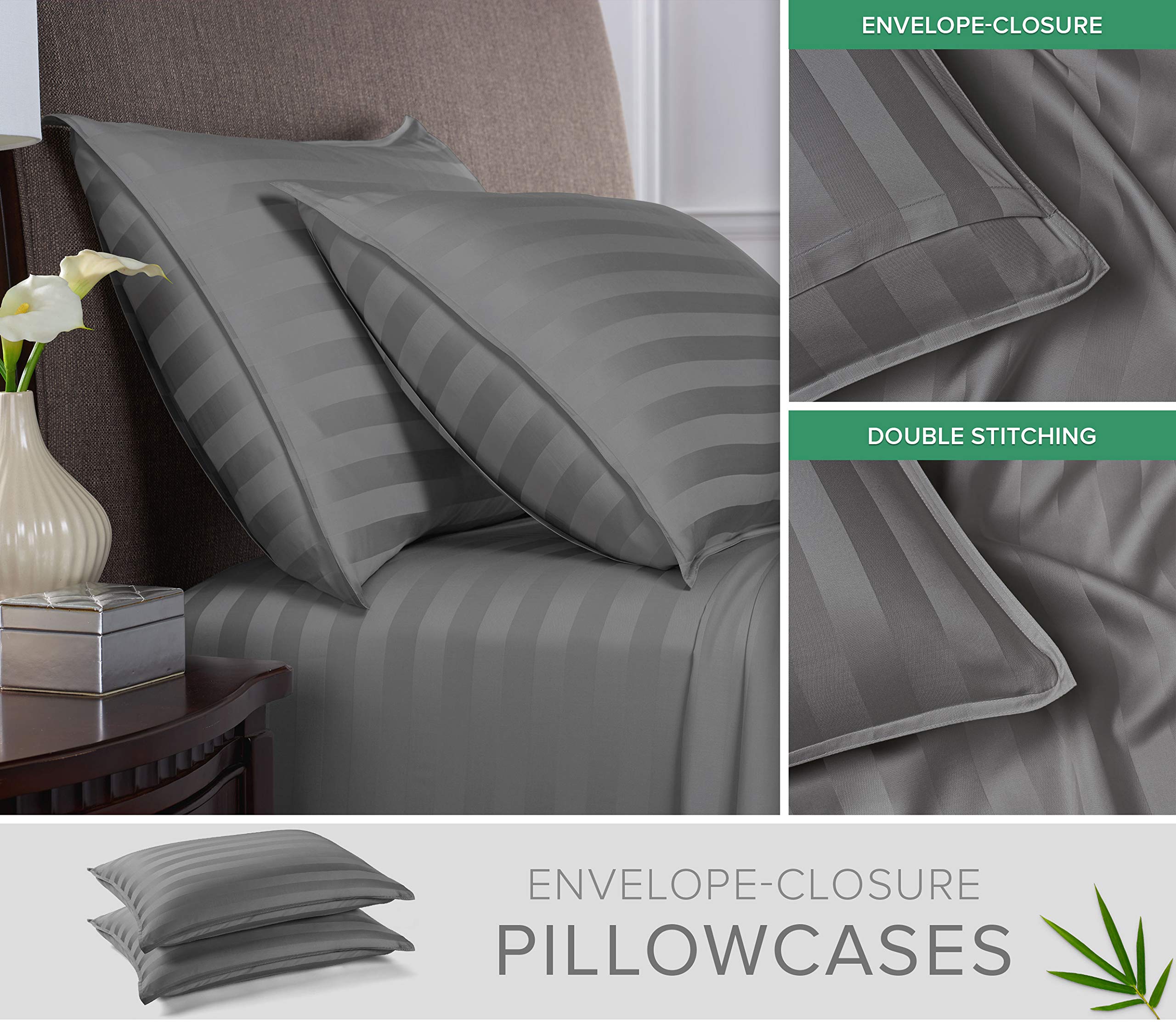 Pure Bamboo king sheets envelope pillowcases with durable double-stitched seams.