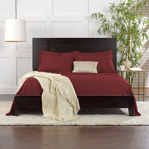 Pure Bamboo King Sheets Merlot color on a luxurious bed setup.