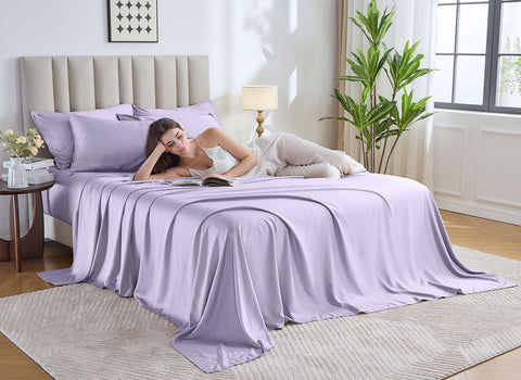 Pure Bamboo King Sheets on a bed highlighting deep pocket fit and silky softness.
