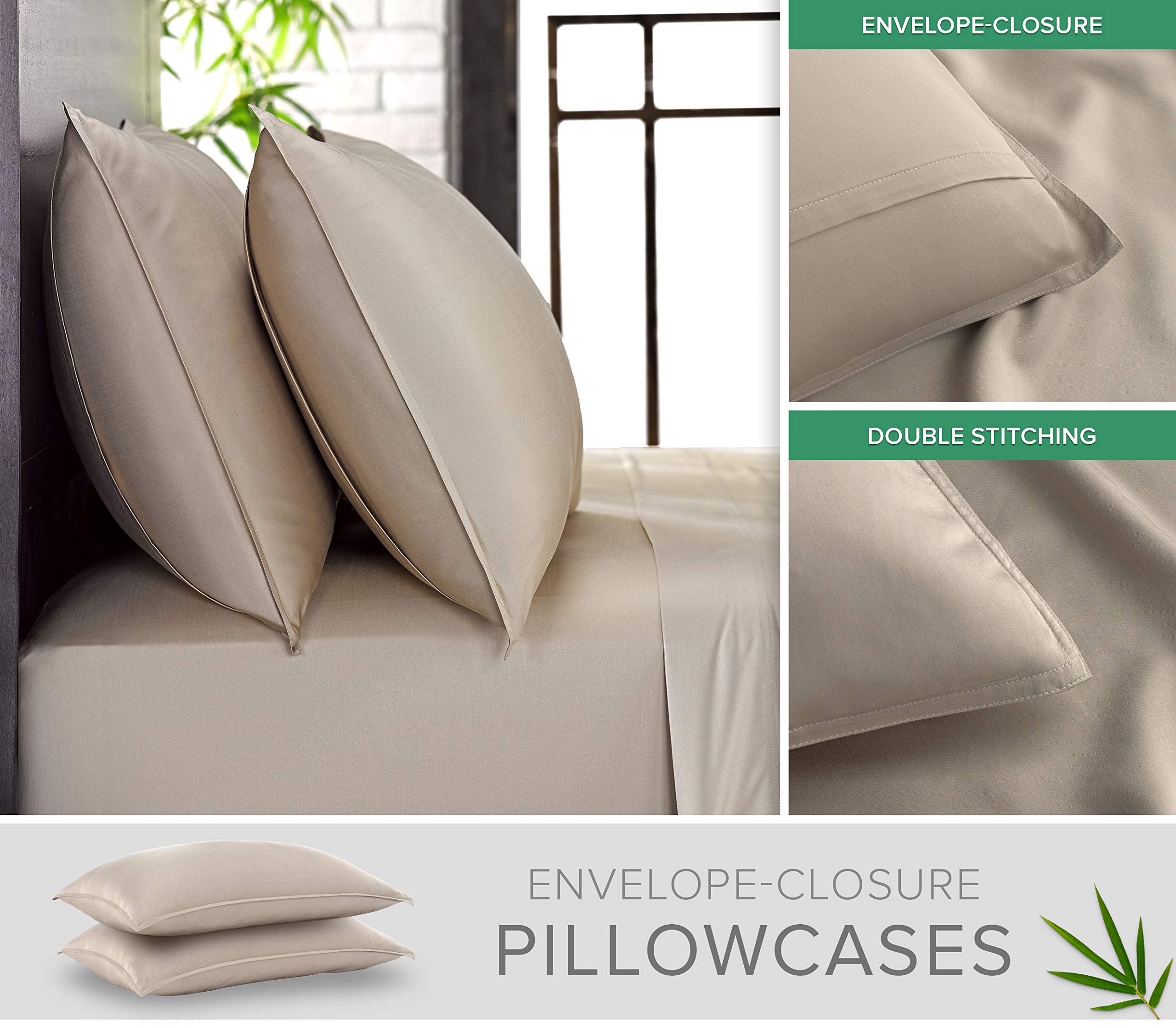 Pure Bamboo king pillowcases highlight overlapping closures and lasting durability.