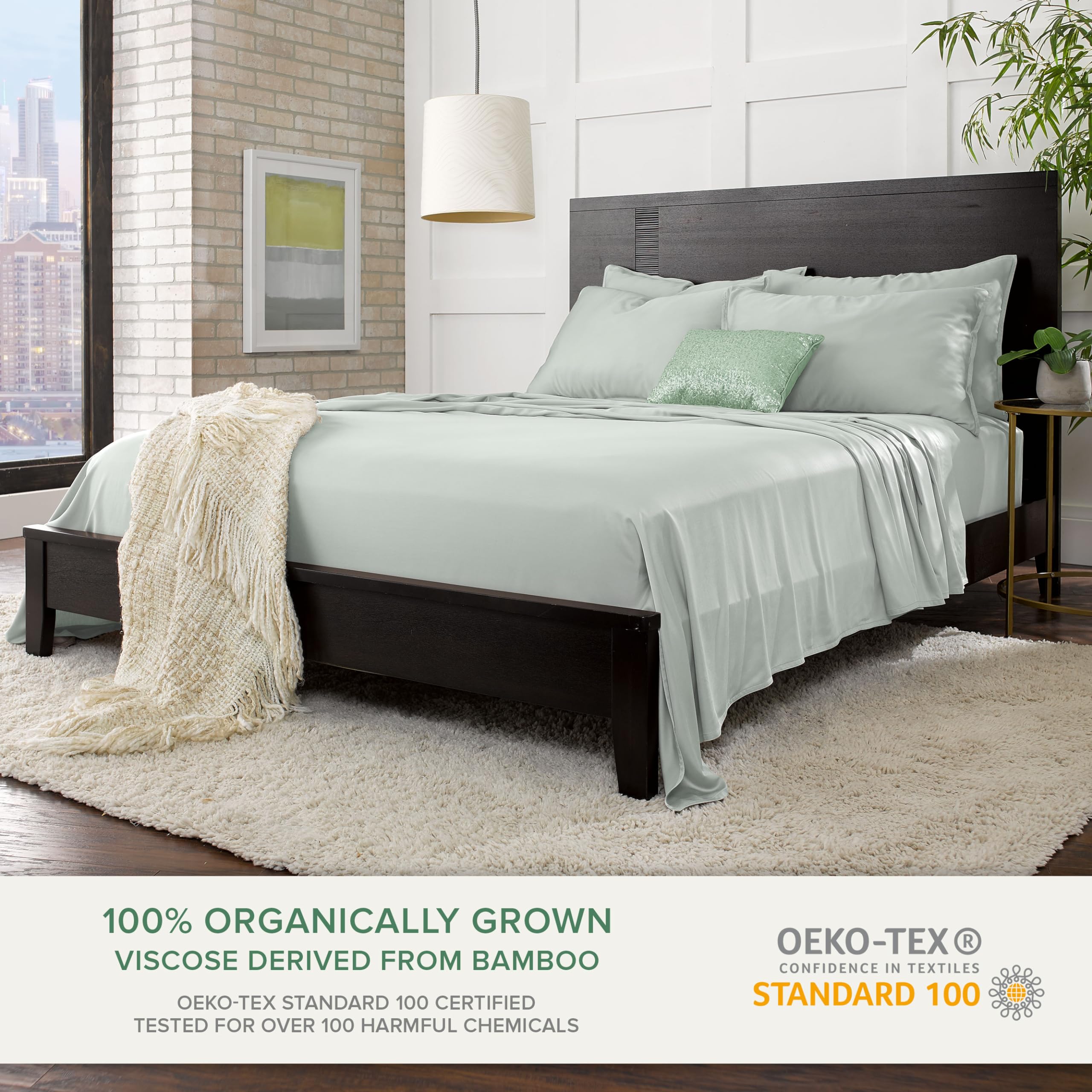 Pure Bamboo Queen Pillowcase Sea Glass on bed illustrates breathable all-season comfort