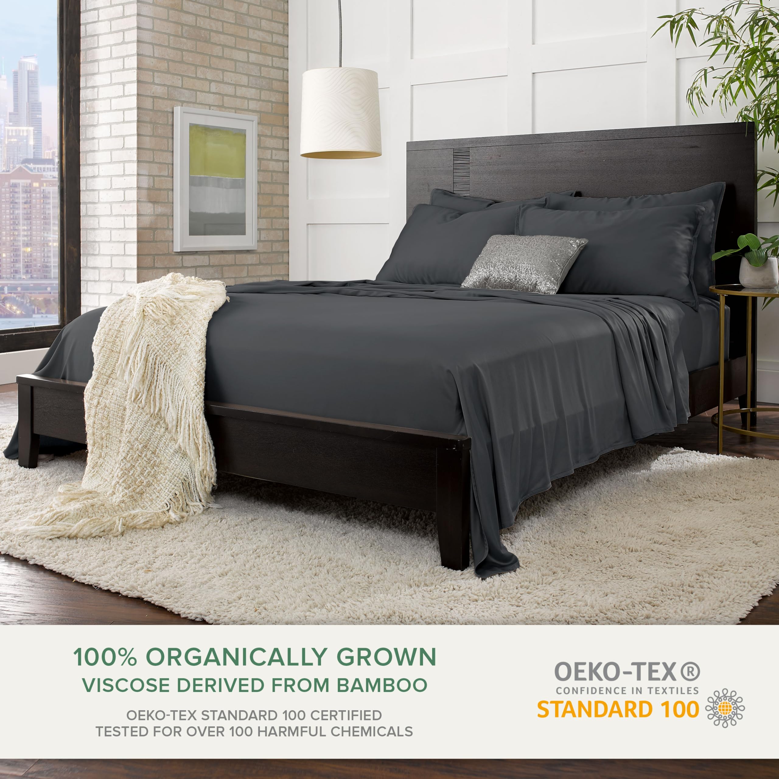 Pure Bamboo queen sheets charcoal bed shot shows cooling comfort for hot sleepers