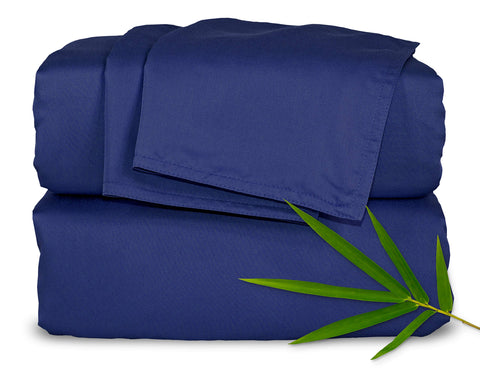 Pure Bamboo queen sheets in cobalt blue with silky-soft fabric and cooling feel.