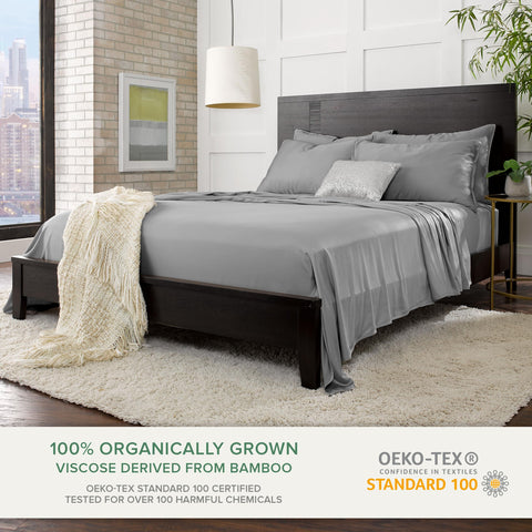 Pure Bamboo queen sheets fitted pocket 16in ensuring snug fit on deep mattresses.