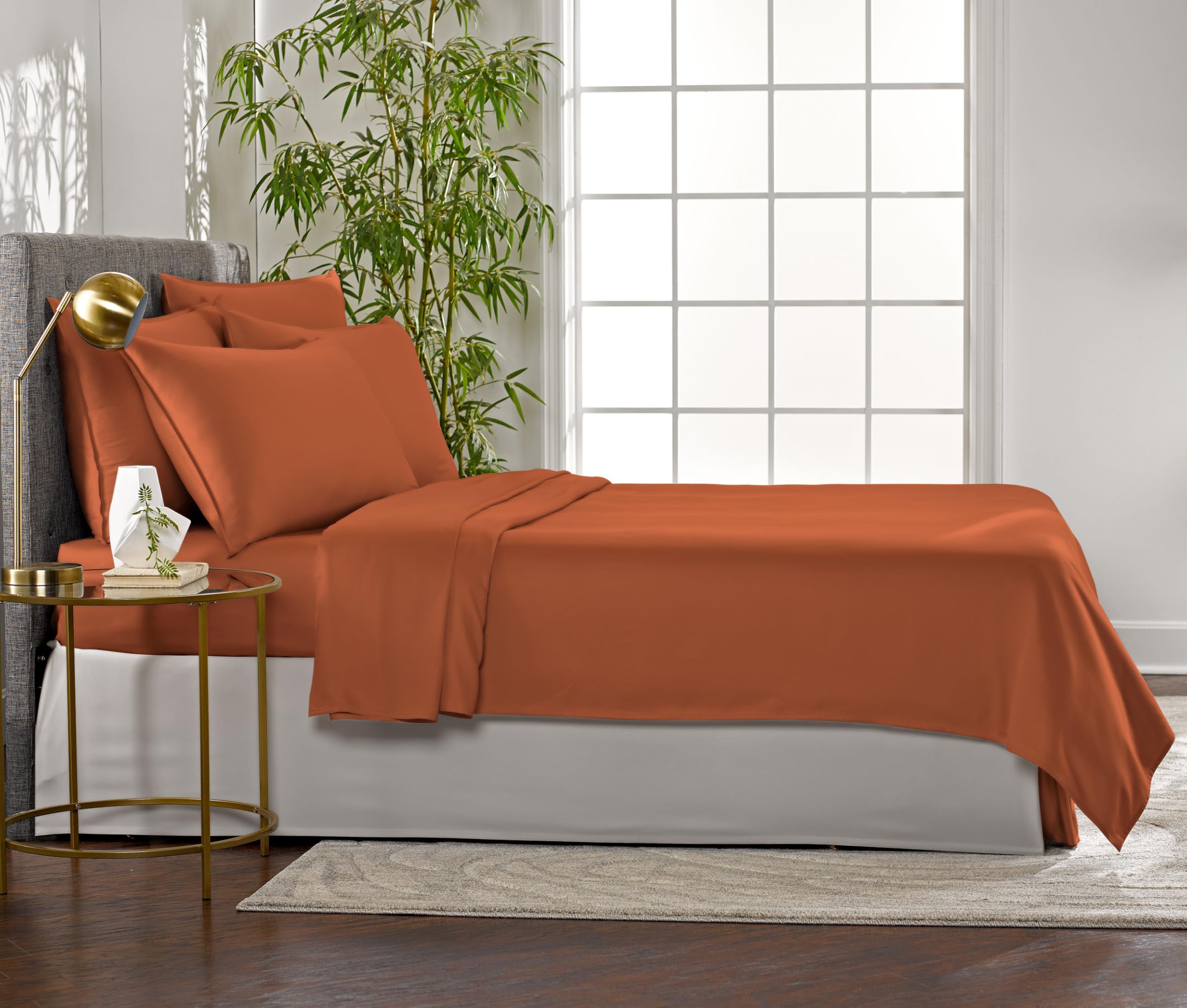 Pure Bamboo Queen Sheets flat sheet terracotta color demonstrates silky softness for all-night comfort.