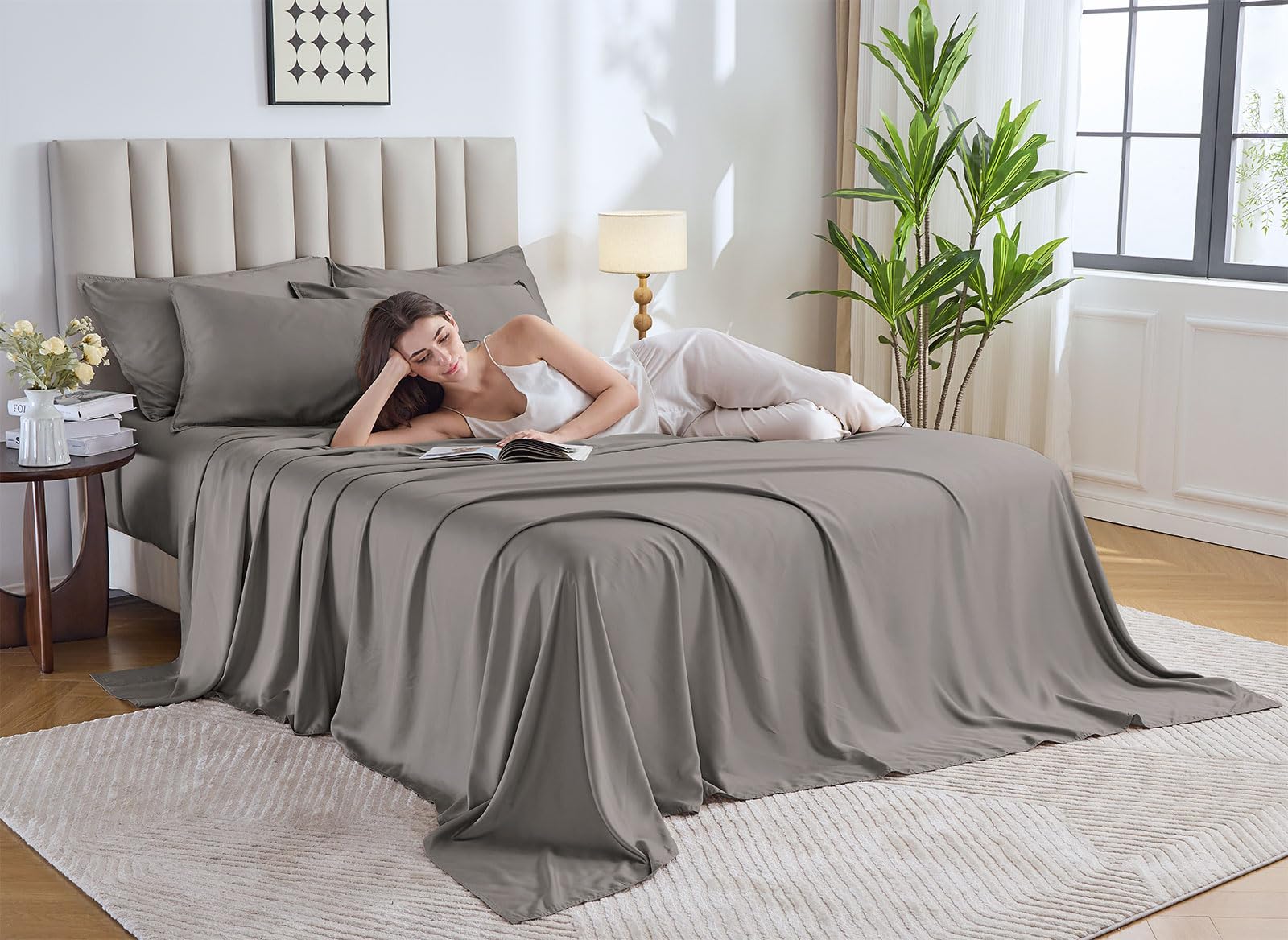 Pure Bamboo queen sheets graphite fitted sheet with deep pockets for secure mattress fit.