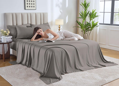 Pure Bamboo queen sheets graphite fitted sheet with deep pockets for secure mattress fit.