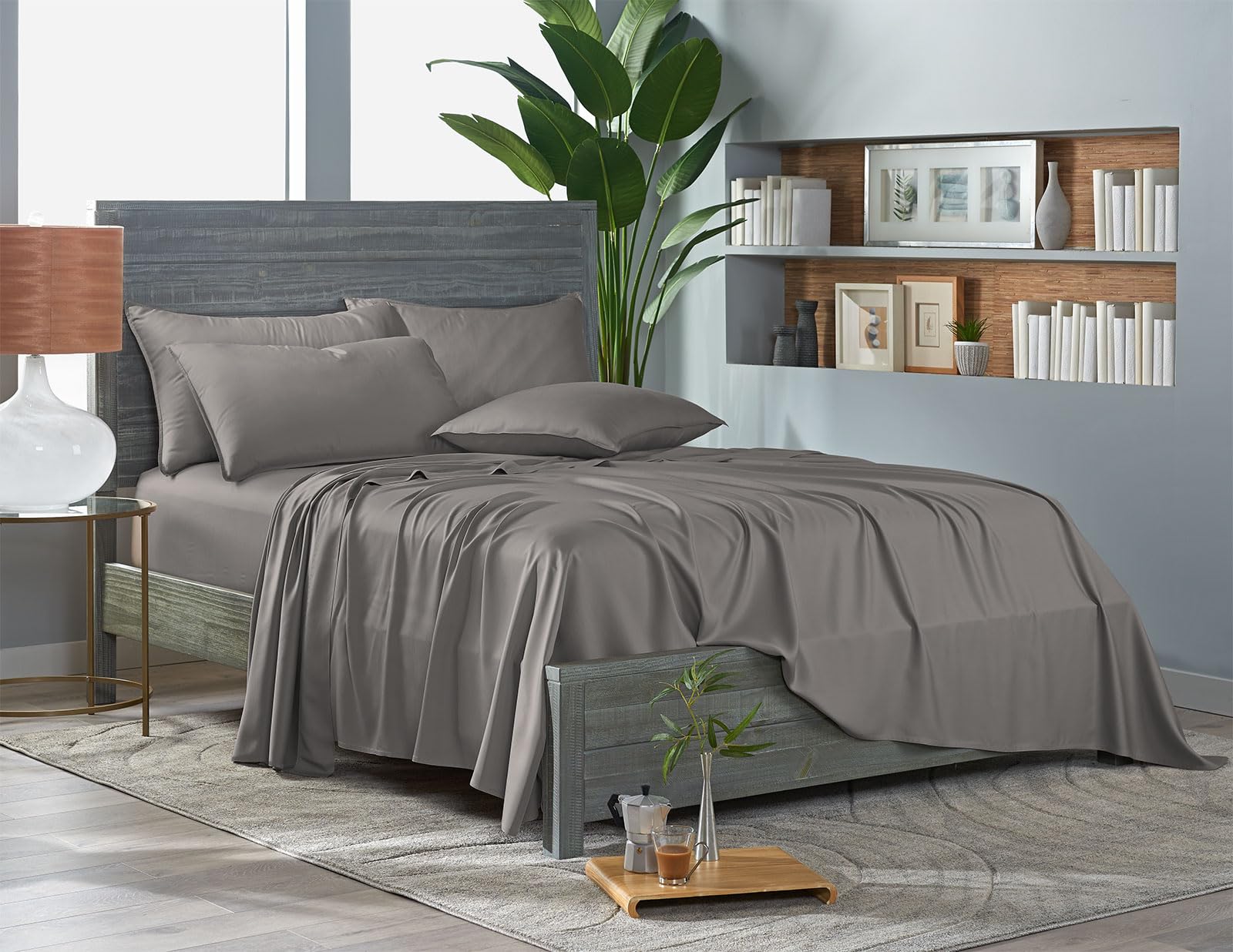 Pure Bamboo queen sheets graphite flat sheet highlighting silky softness and breathable comfort.