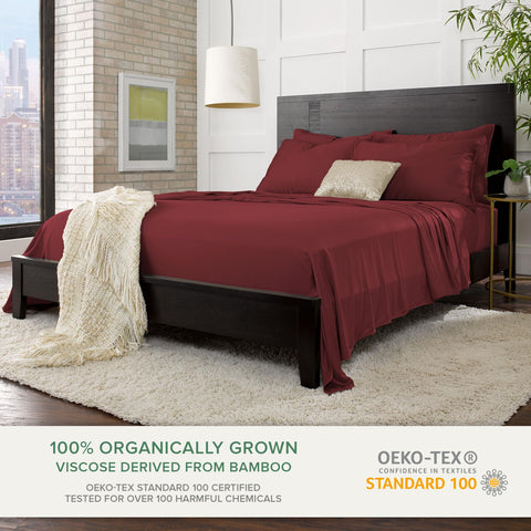 Pure Bamboo Queen Sheets Merlot fabric close-up reveals silky softness and smooth weave.