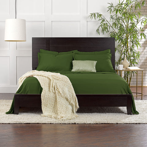Pure Bamboo Queen sheets pesto ready for cold-water washing and easy care