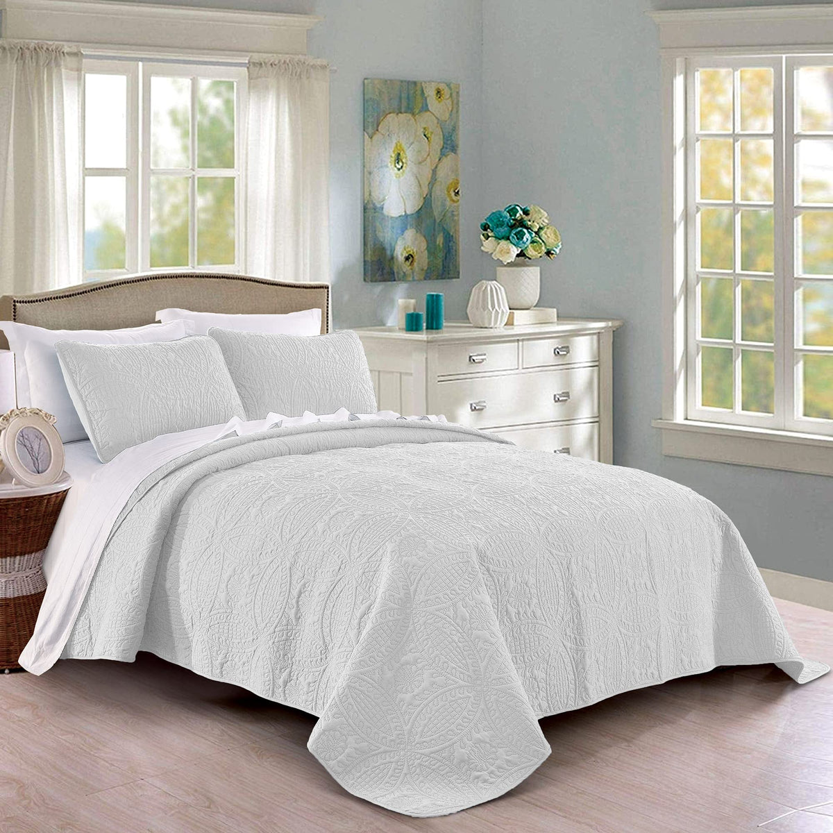 Pure Bedding quilt set king white with geometric stitching for all-season comfort.