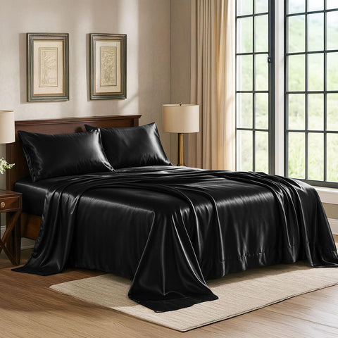 Pure Bedding king satin 4-piece set in black offering silky luxury.