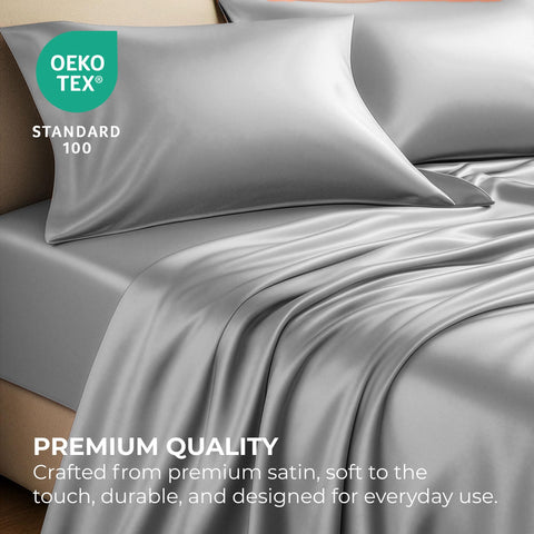 Pure Bedding satin sheets queen 4pc grey fitted sheet with deep pockets secure fit