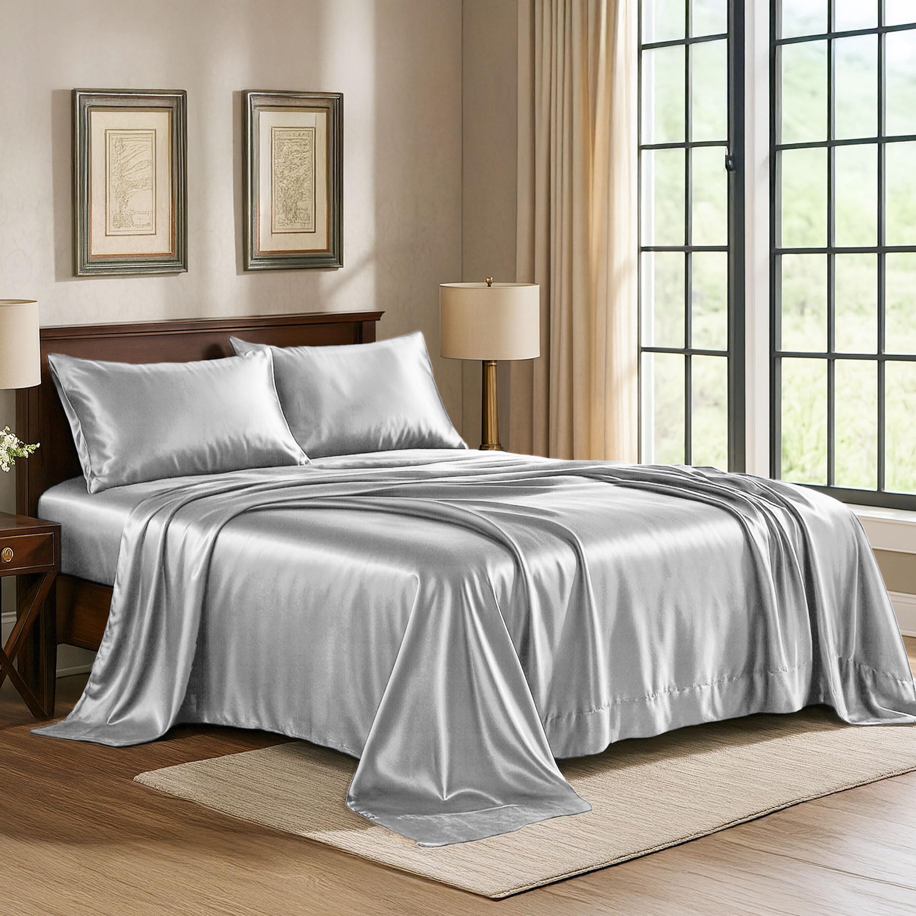 Pure Bedding satin sheets queen 4pc grey flat sheet shows silky, smooth surface