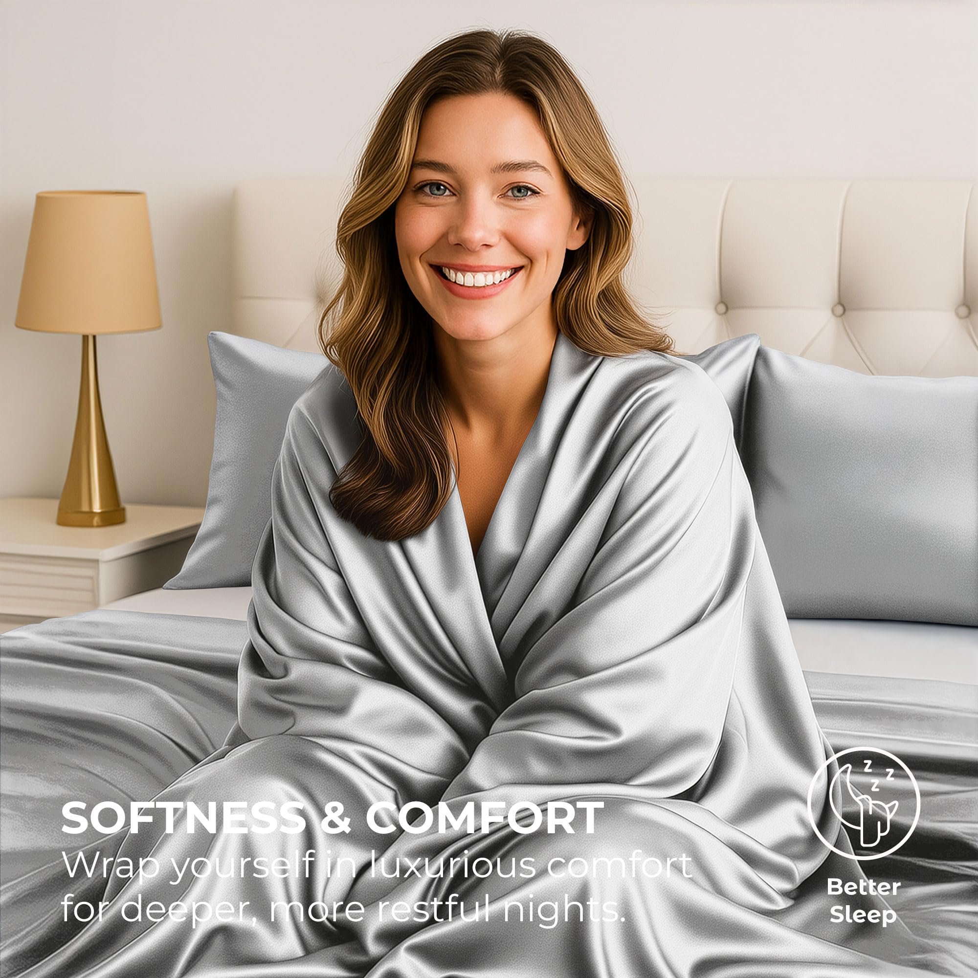 Pure Bedding satin sheets queen 4pc grey pillowcases with soft edges and sheen