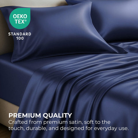 Pure Bedding satin queen fitted sheet shows a 15-inch deep pocket for secure fit.