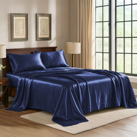Pure Bedding satin queen flat sheet with silky drape and rich midnight blue color.