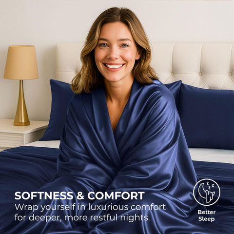 Pure Bedding satin queen pillowcase set highlights smooth finish and colorfast shine.