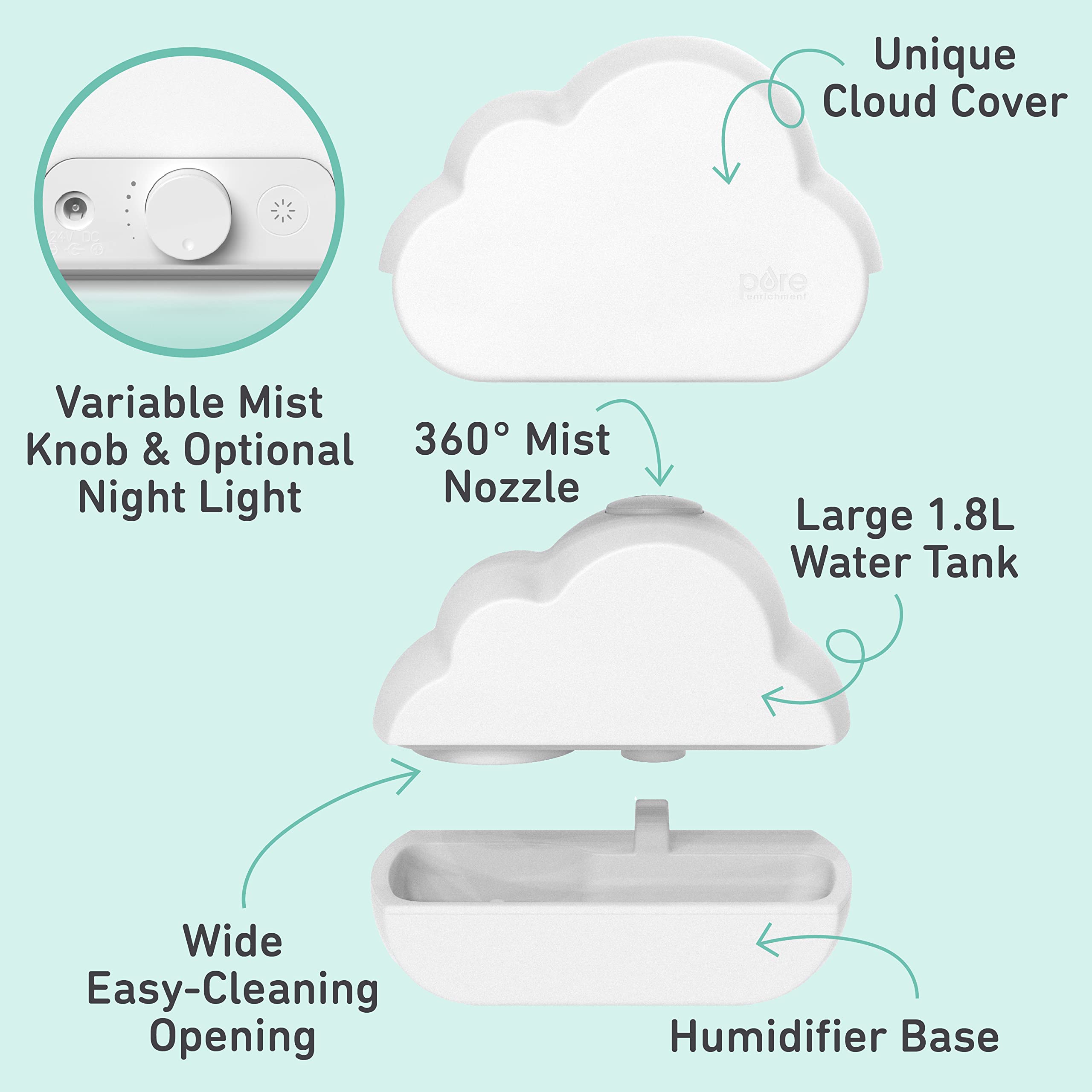 Pure Enrichment PureBaby Cloud Humidifier 360° nozzle directs mist precisely.