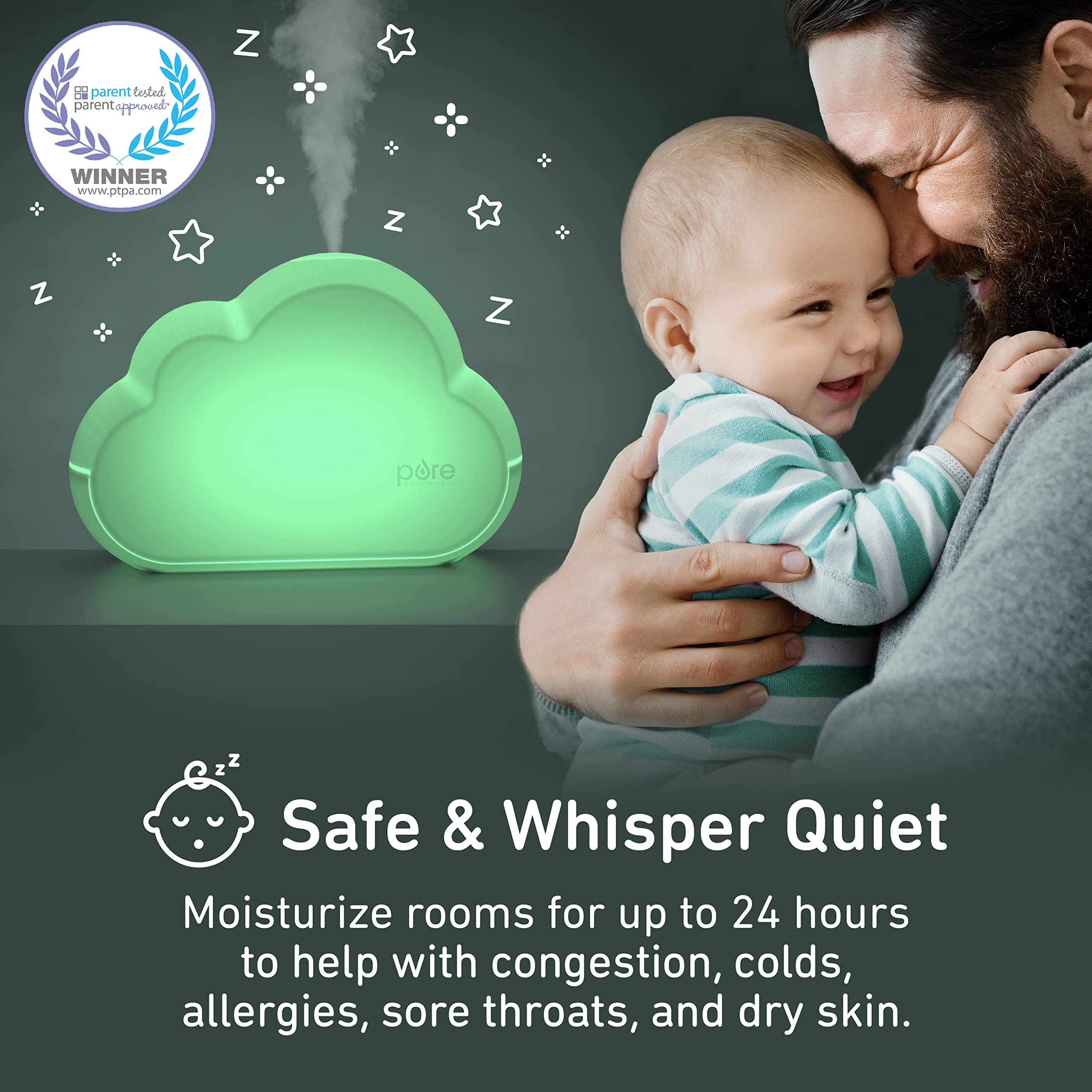 Pure Enrichment PureBaby Cloud Humidifier night light with color options for soothing bedtime.