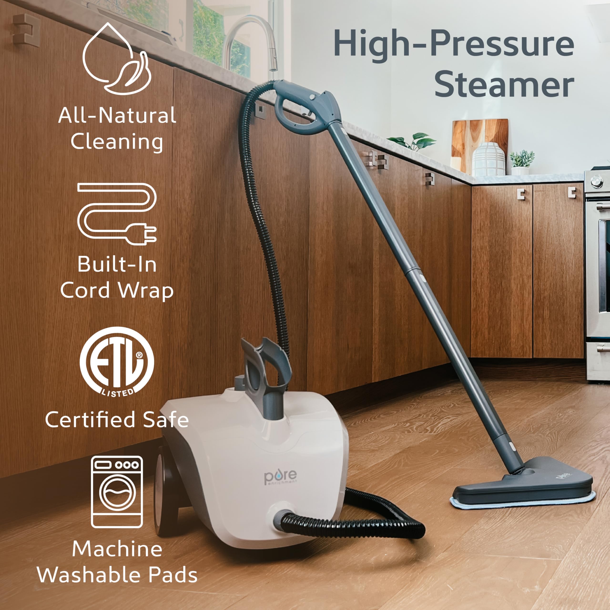 Pure Enrichment PureClean XL heats to 208 F quickly for powerful steam cleaning.