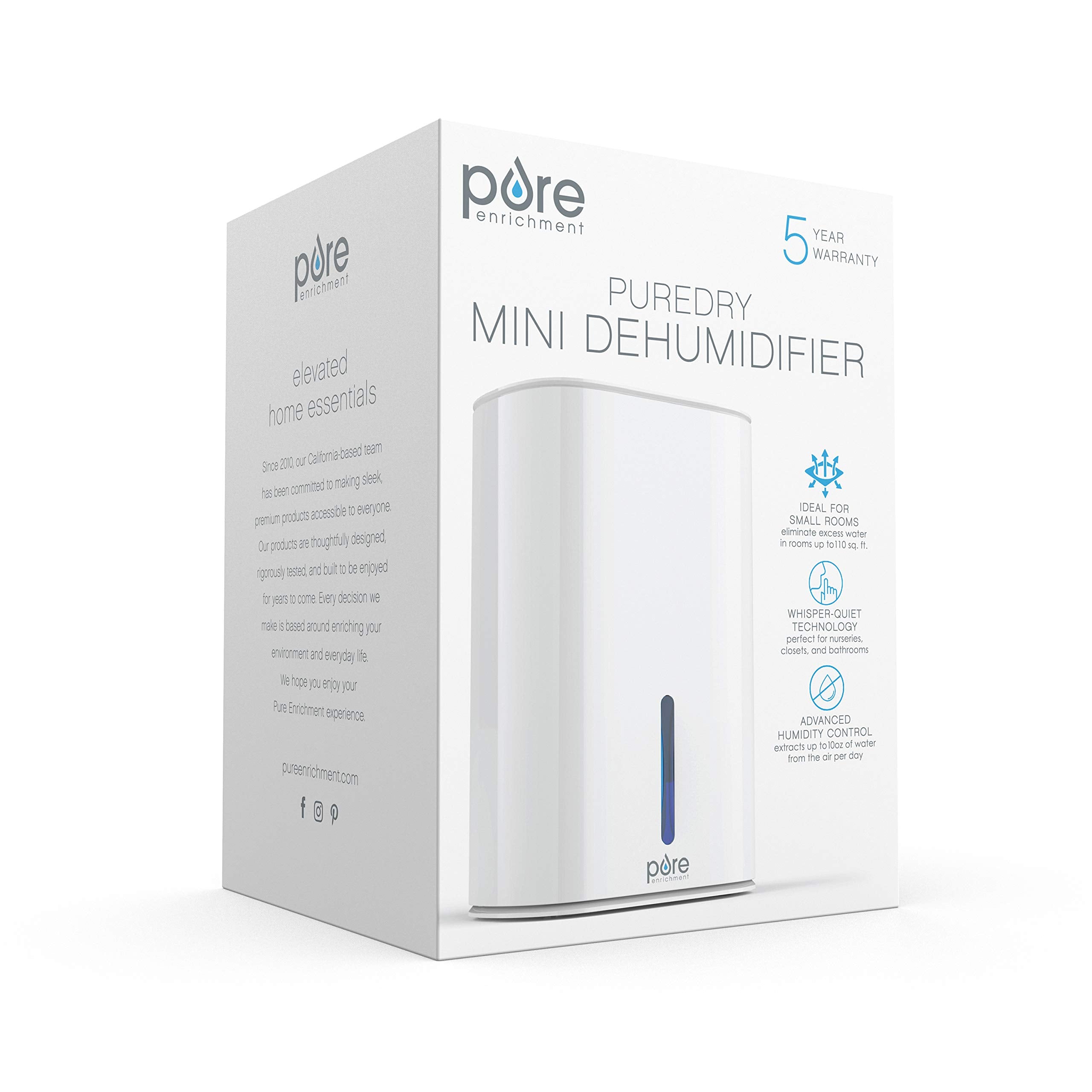 Pure Enrichment PureDry Mini package includes dehumidifier, power adapter, manual and warranty.
