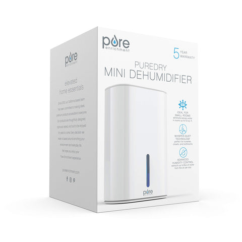 Pure Enrichment PureDry Mini package includes dehumidifier, power adapter, manual and warranty.
