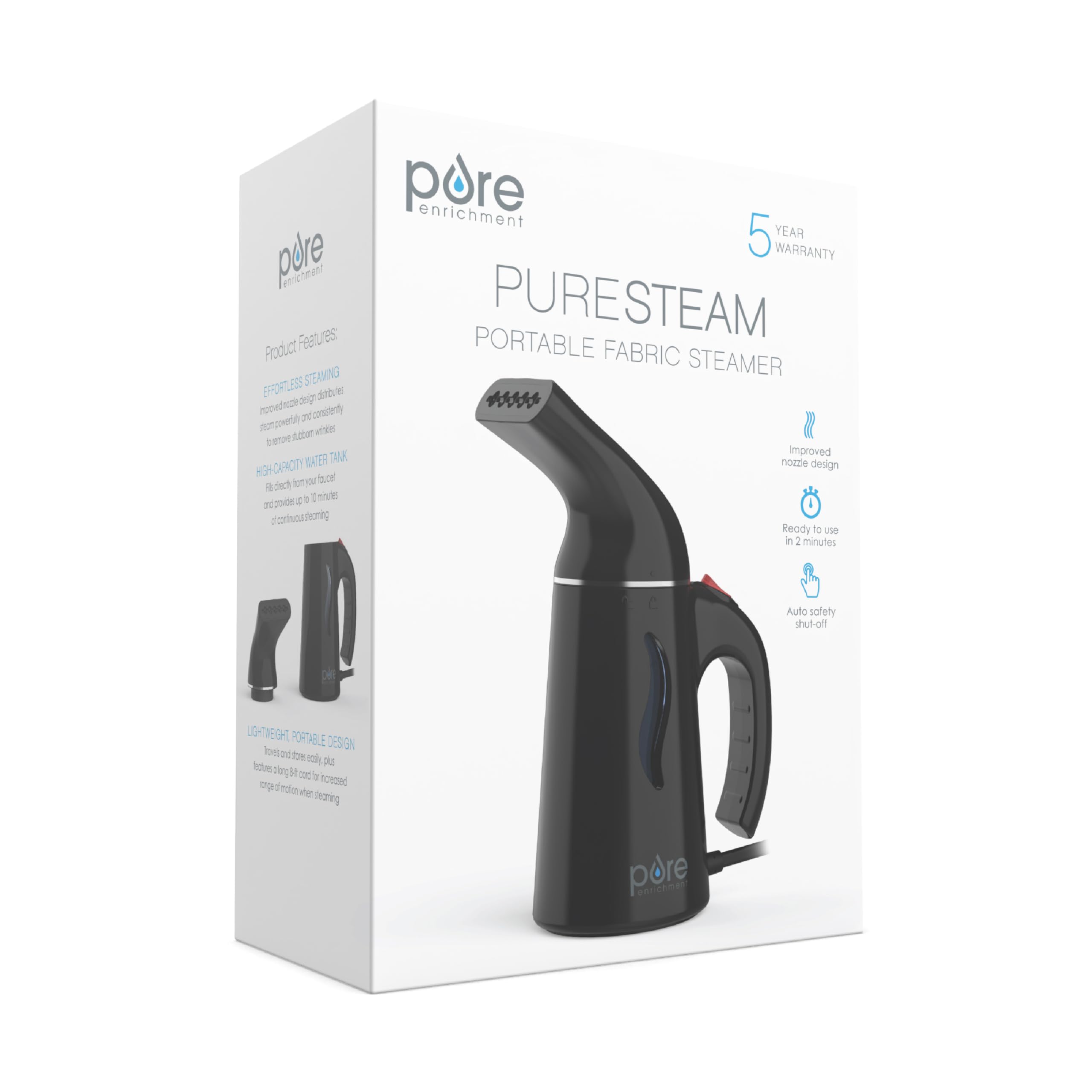 Black Pure Enrichment PureSteam steamer ideal for travel, home, or hotel stays.