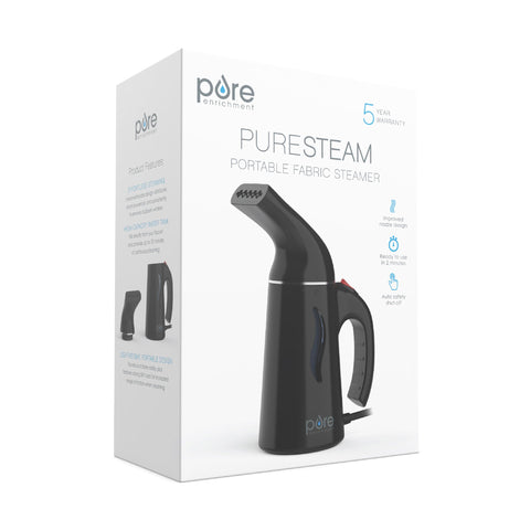 Black Pure Enrichment PureSteam steamer ideal for travel, home, or hotel stays.