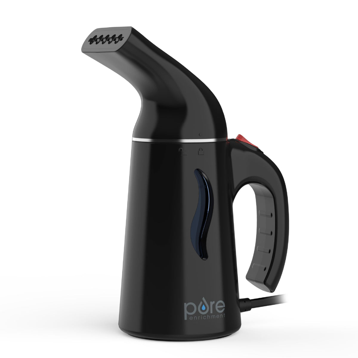 Pure Enrichment PureSteam handheld steamer, comfortable handle for quick wrinkle removal on the go.