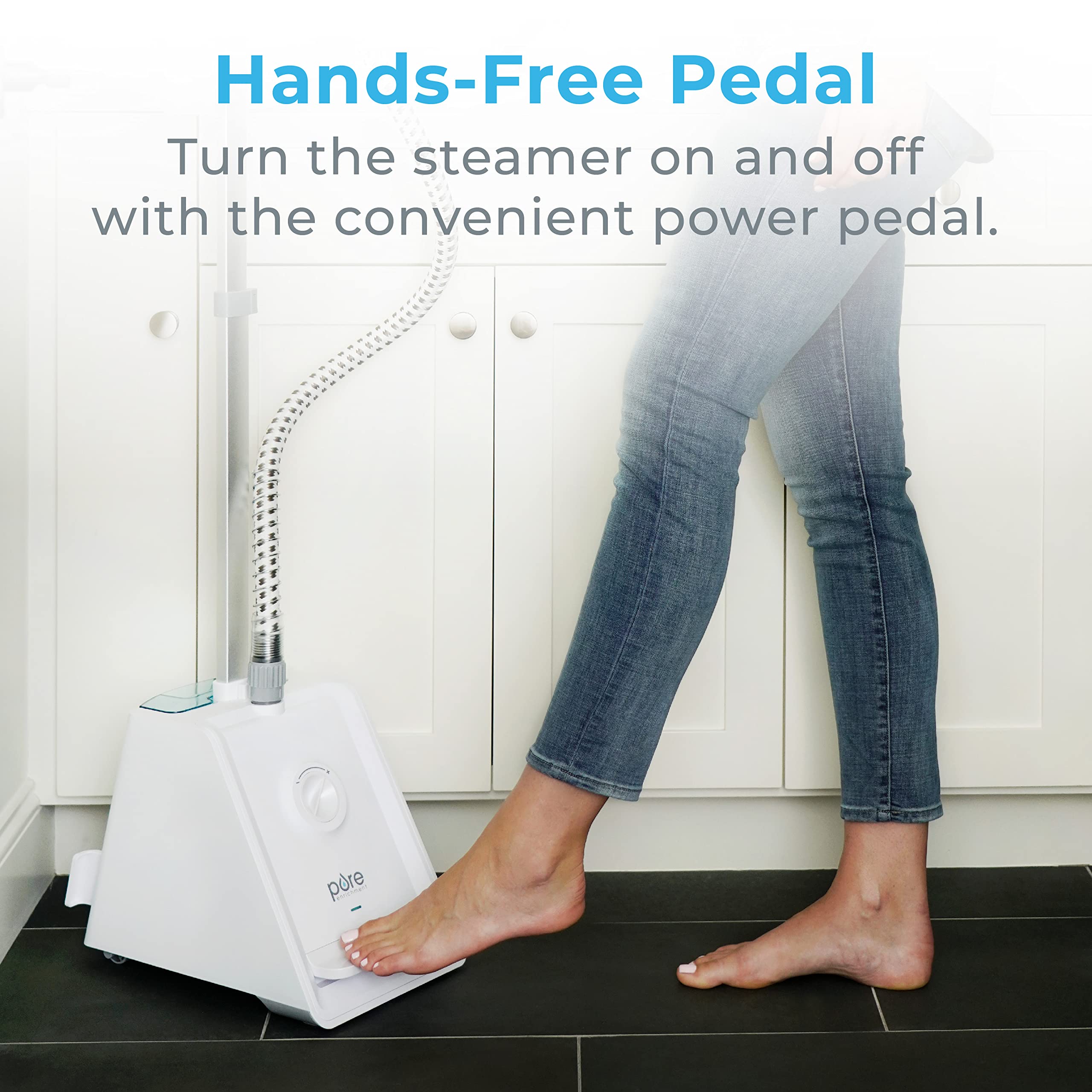 Pure Enrichment PureSteam Pro height-adjustable pole supports tall garments during steaming