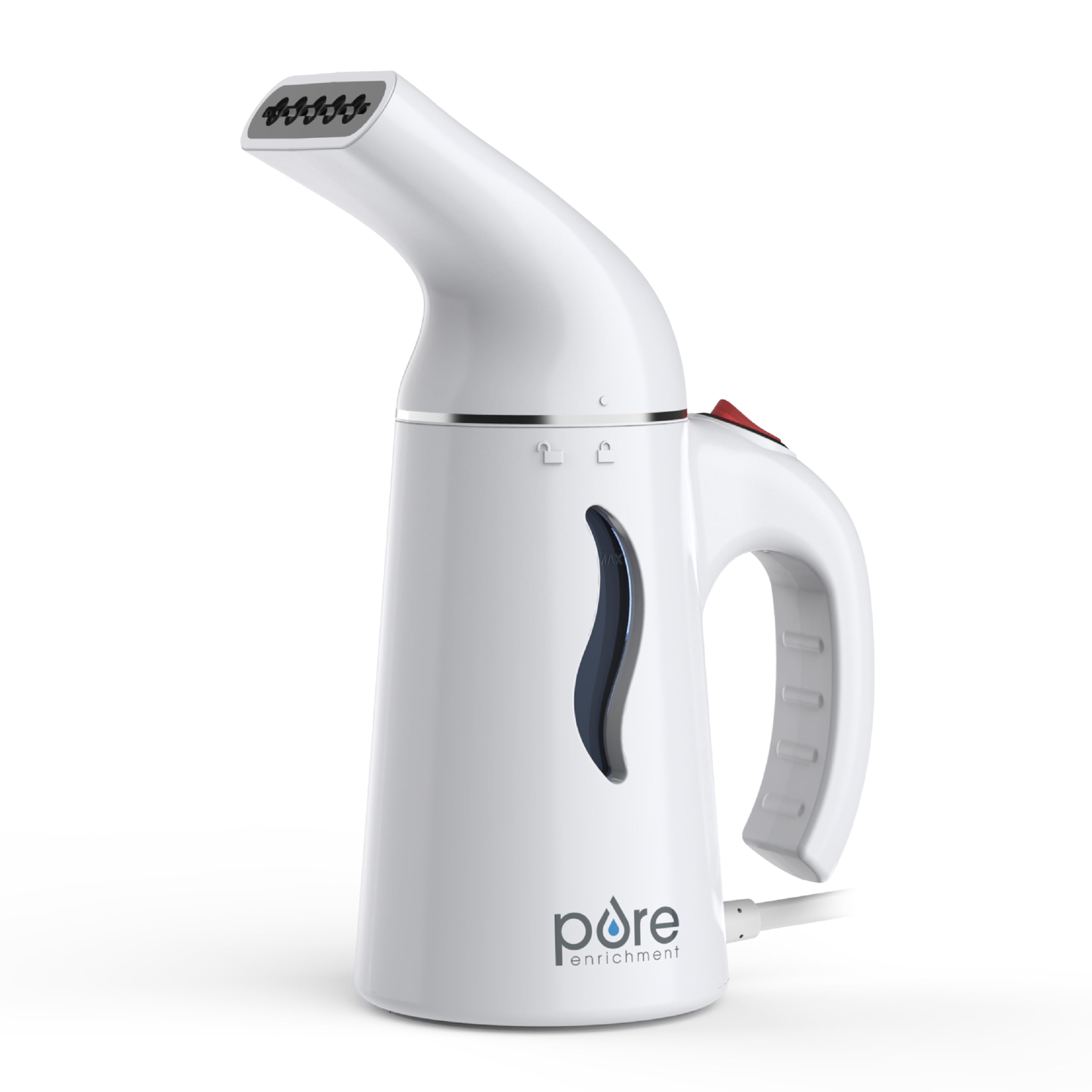 Pure Enrichment PureSteam front view shows a portable steamer for quick wrinkle refresh.