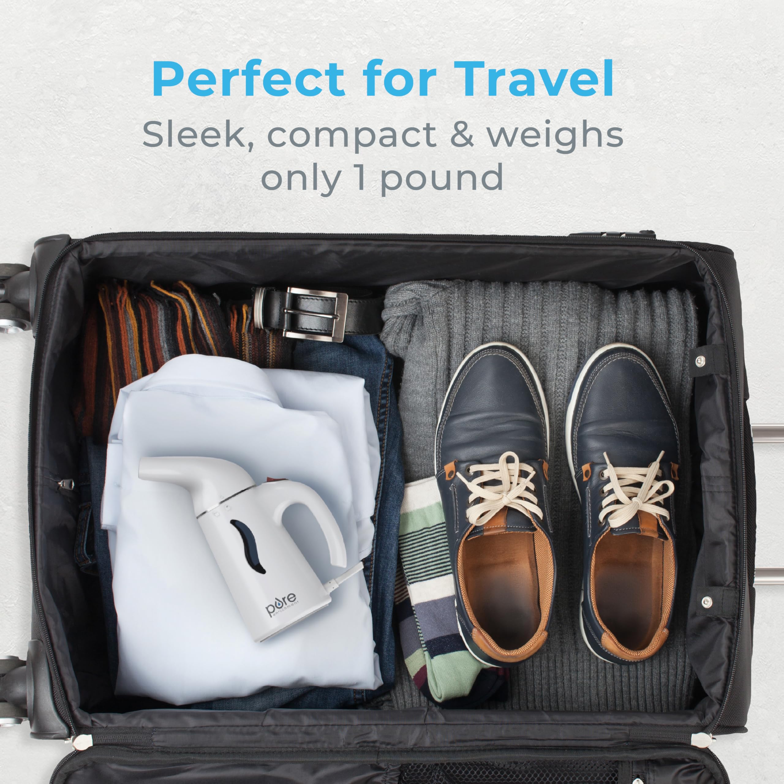 Pure Enrichment PureSteam-steamer-travel-compact conveys portability for on-the-go fabric refresh.