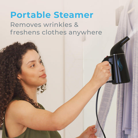 Compact travel design of PureSteam for easy packing and on-the-go refreshment.