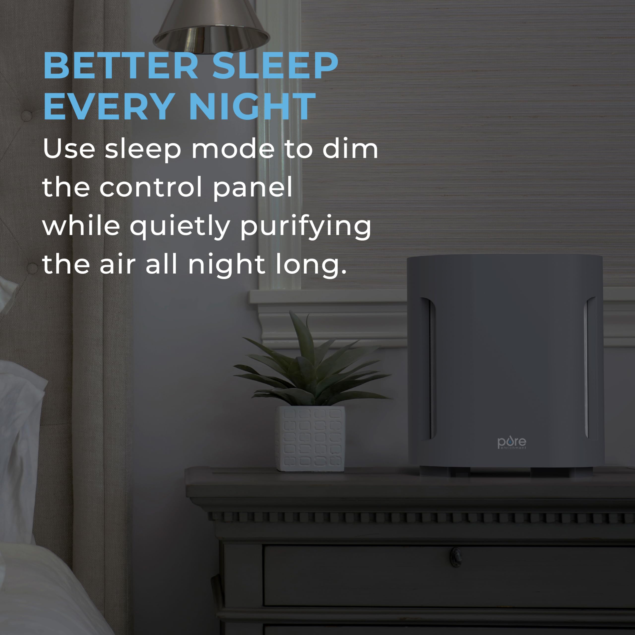 PureZone purifier in a cozy bedroom setup for restful air