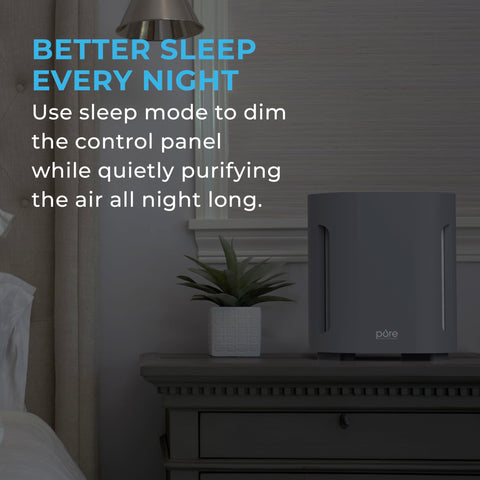 PureZone purifier in a cozy bedroom setup for restful air