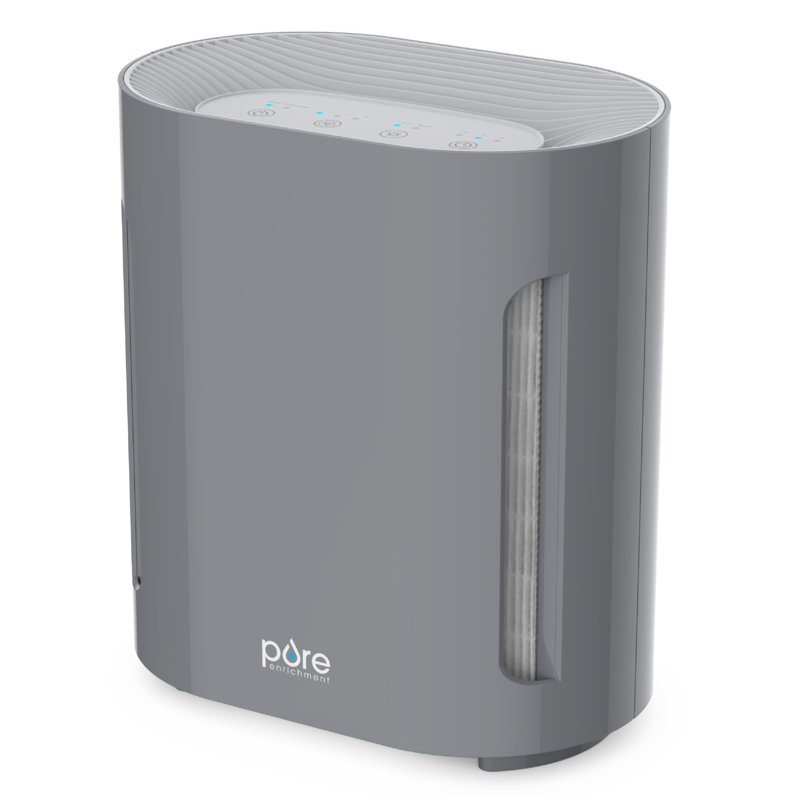 Pure Enrichment PureZone air purifier gray front view, capturing dust and allergens