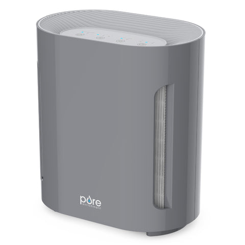 Pure Enrichment PureZone air purifier gray front view, capturing dust and allergens