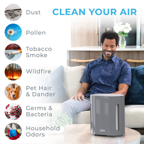 PureZone air purifier gray side view, compact design for rooms