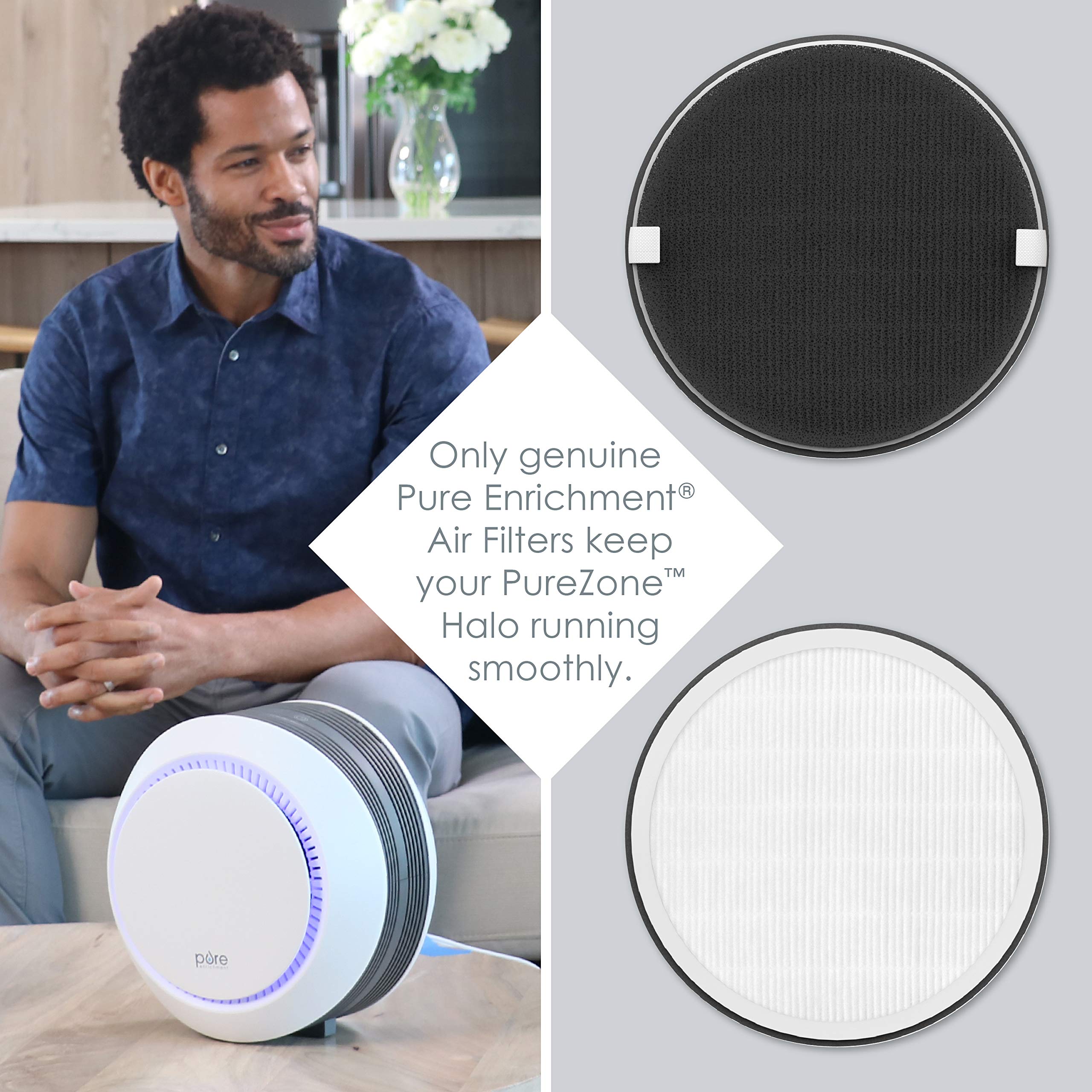 Pure Enrichment PureZone Halo filter in hand enables quick replacement.