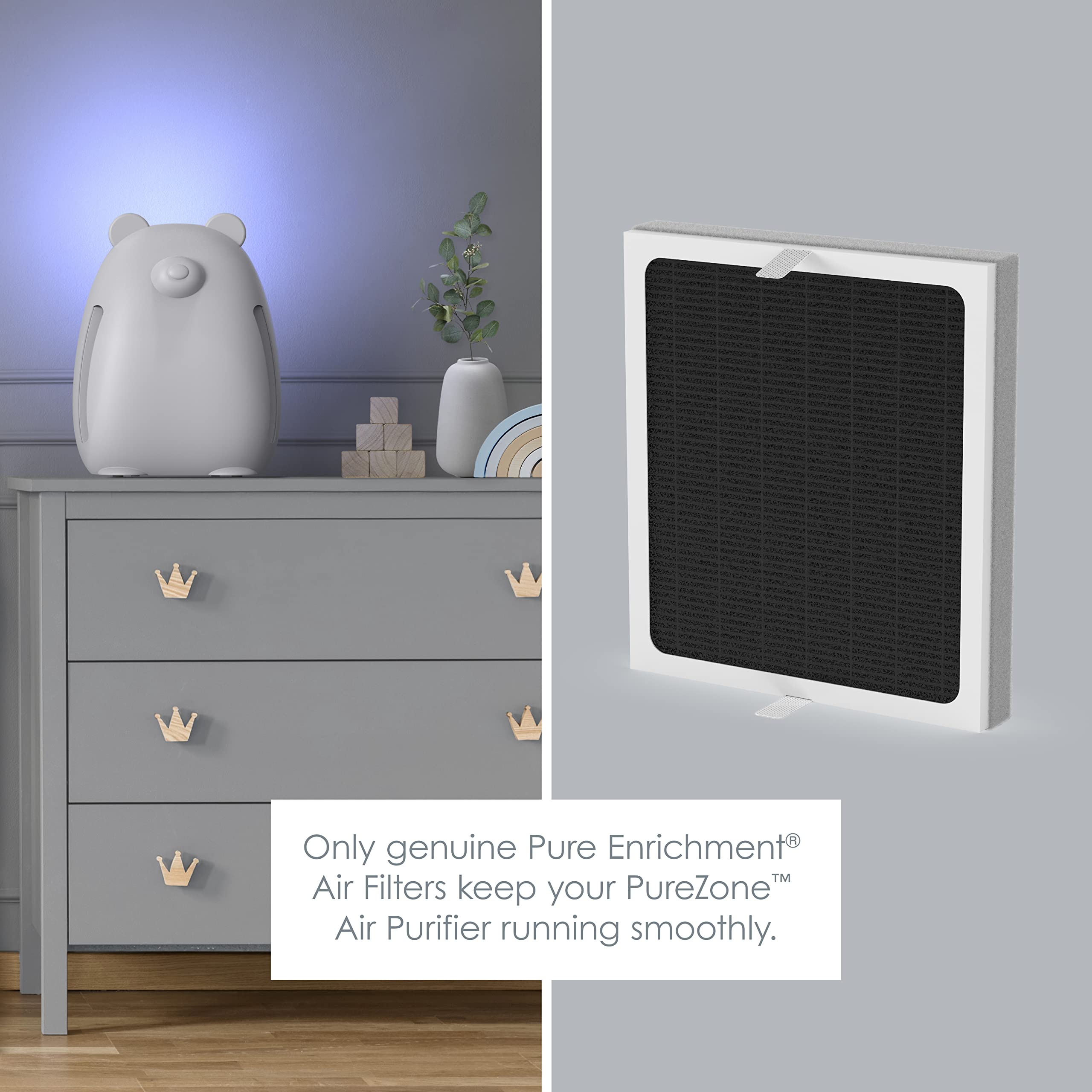 Pure Enrichment PureZone Kids Bear activated carbon filter absorbs odors and gases.