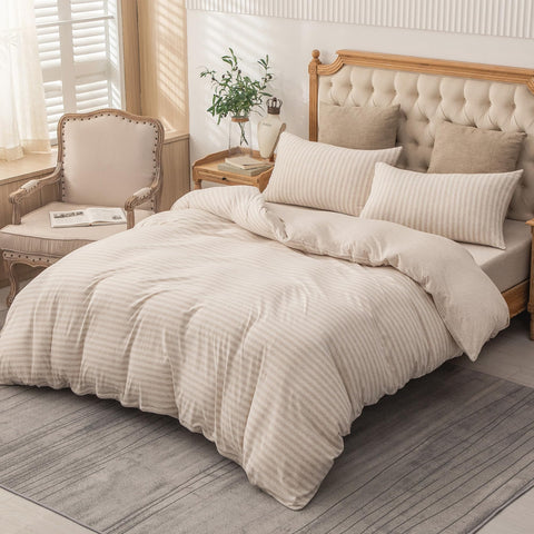 PURE ERA heathered beige stripe fabric detail emphasizing soft jersey finish