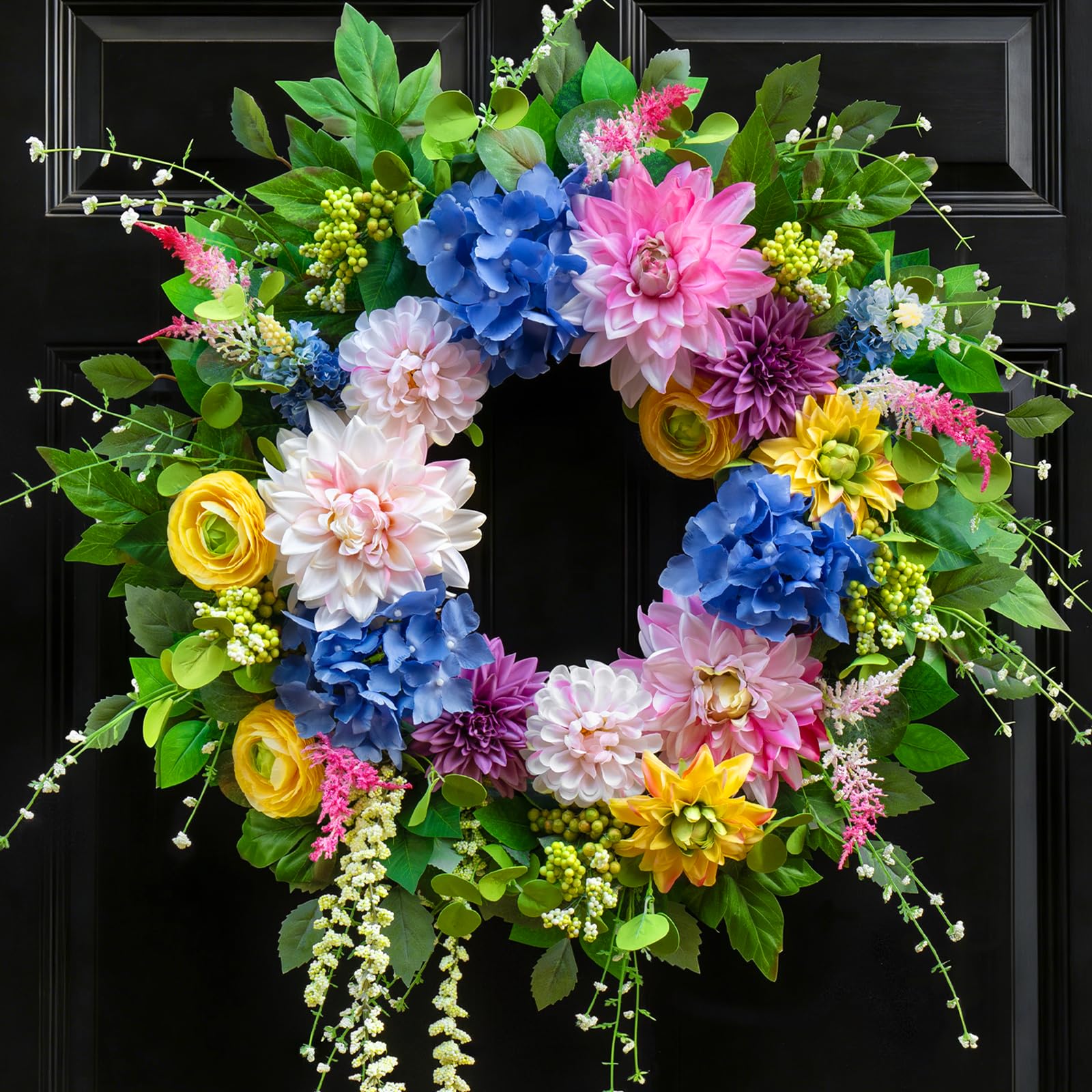 PureCosy 24-inch front-door wreath featuring dahlias and gerberas for vibrant curb appeal.