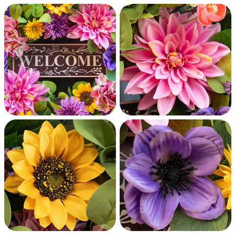 PureCosy front door wreath with pink dahlias brightens entryways.