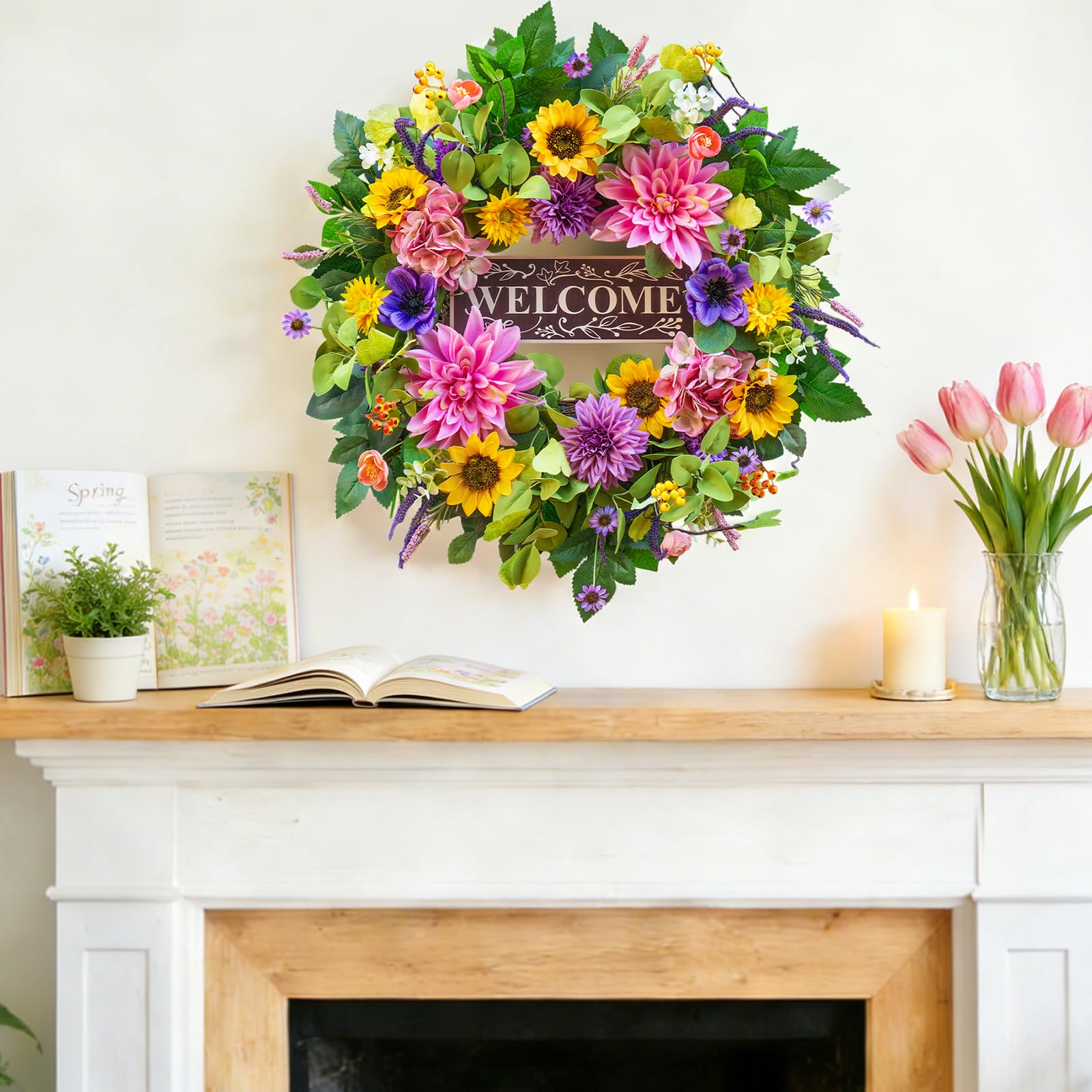 PureCosy front door wreath with purple dahlias accents elegant door decor.