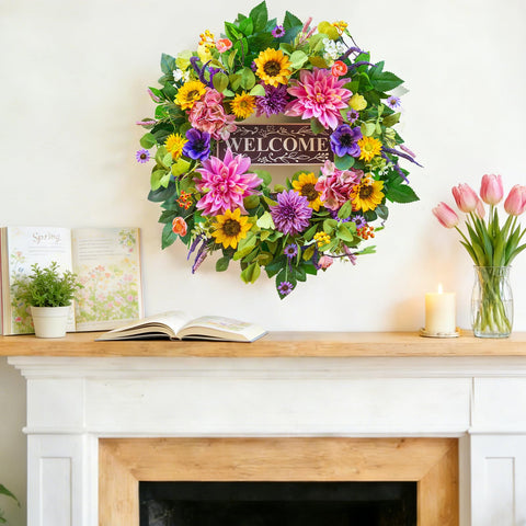 PureCosy front door wreath with purple dahlias accents elegant door decor.