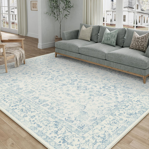 PureCozy 5x7 blue area rug with non-slip backing for busy living rooms