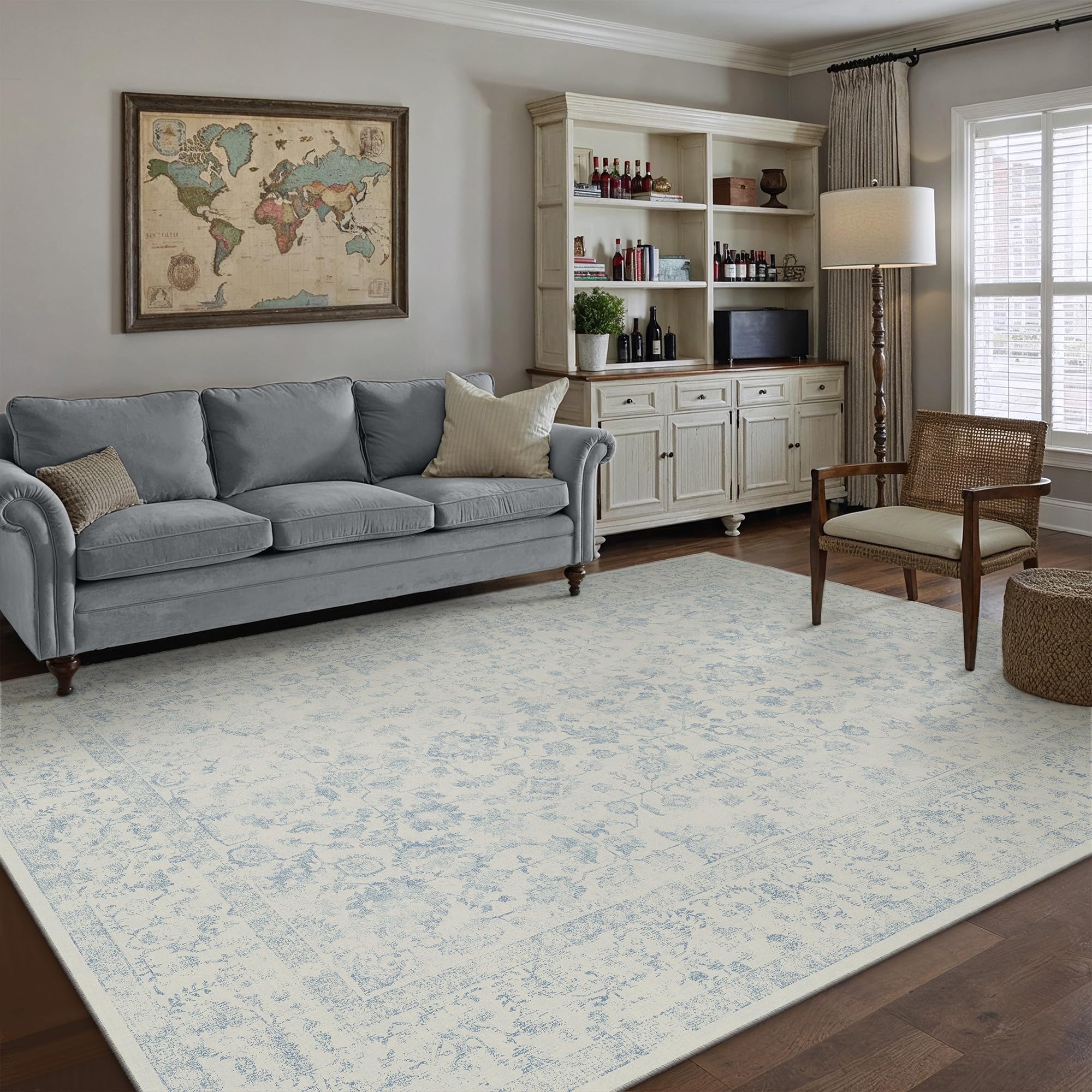 PureCozy 6x9 blue area rug with non-slip backing for stable placement.